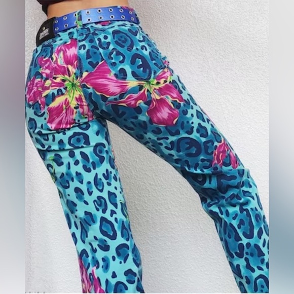 Versace Jeans Couture Vintage 90s Y2K Blue Leopard Print Flower Straight Jean 30 - Picture 4 of 12